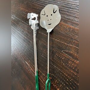 Vintage Stainless Steel Bbq Grilling Utensils Pig Cow Green Handles